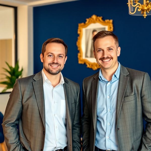 Dva profesionální poradci v moderní pardubické kanceláři s indigovou akcentní stěnou